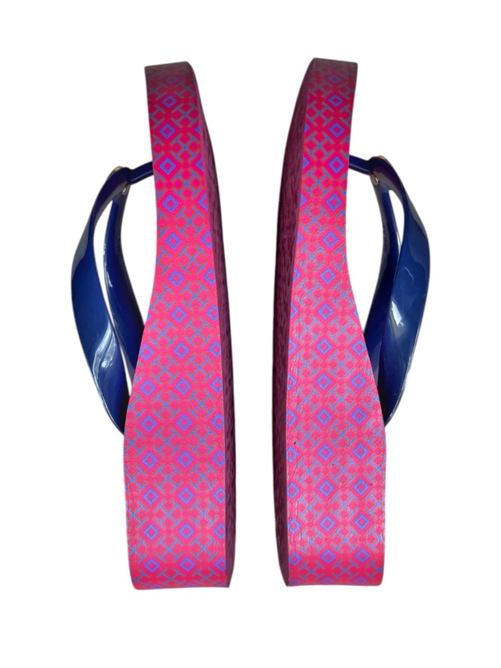 Tory Burch Thandie Wedge Flip Flop in Pink/Navy Blue Lattice Print, sz 6 - Picture 8 of 12